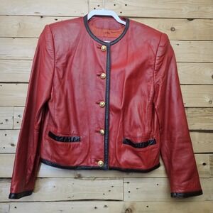 Lord & Taylor Red Lambskin Leather Jacket 8 Women's Lamb Nappa Soft Gold Buttons